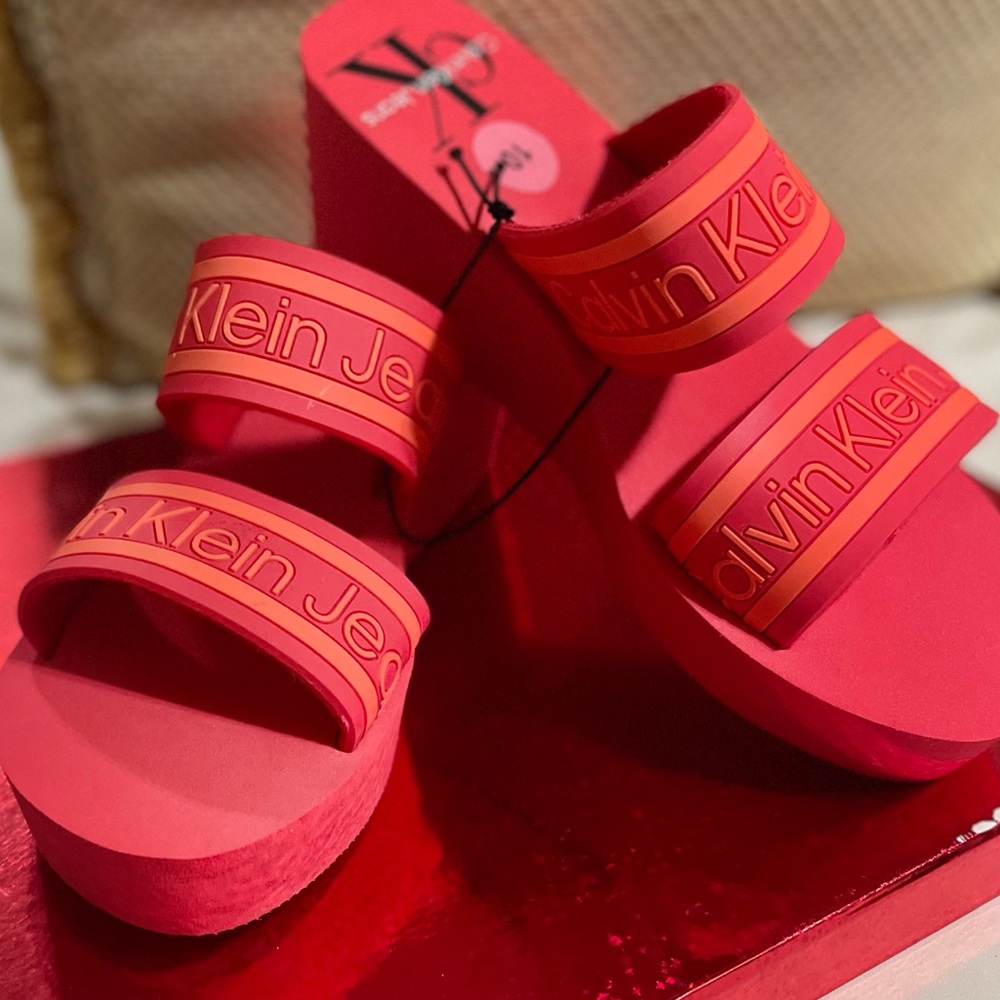 Calvin Klein Logo Strap Wedge Sandal Red and Orange - Picture 11 of 11
